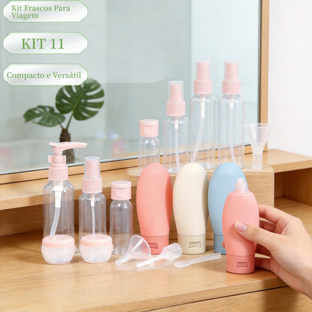 Kit 11 Frascos Para Viagem Com Estojo Conjunto Multifuncional Para Cosméticos Cremes Shampoo Sabonete