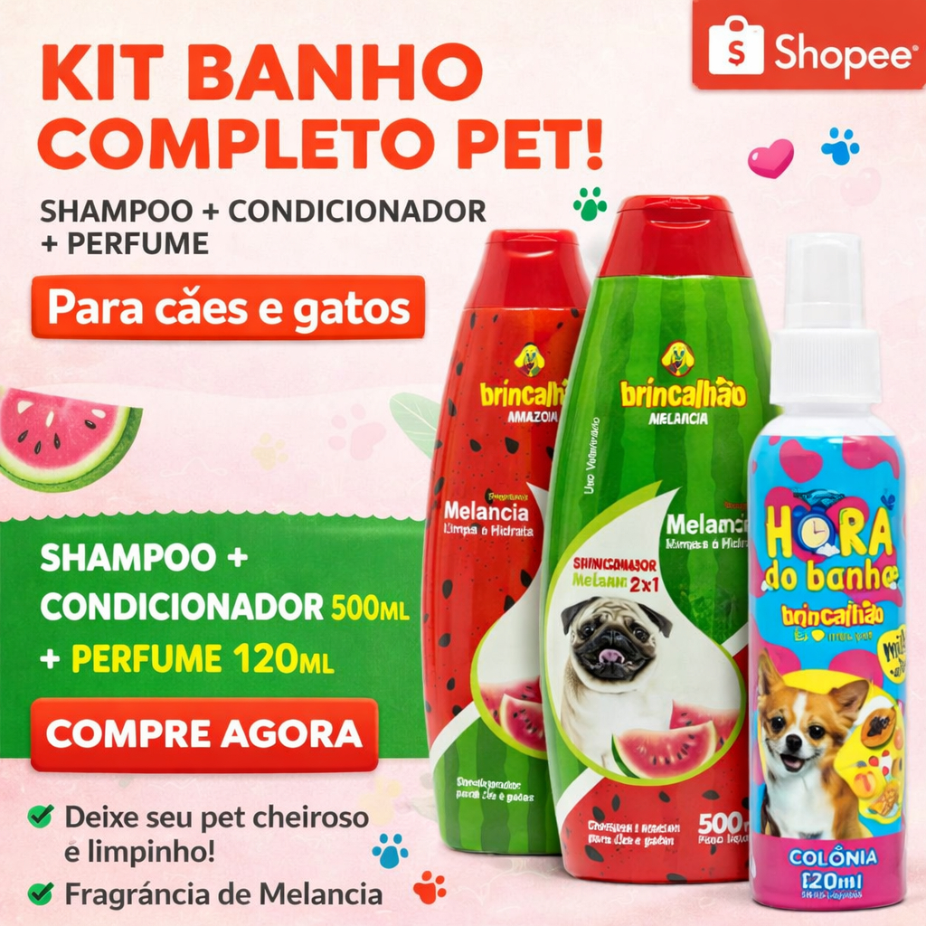 Kit 1 Shampoo e 1 Condicionador Melancia 1 Colonia Tutti Frutti Para Cães e Gatos Monte seu Kit