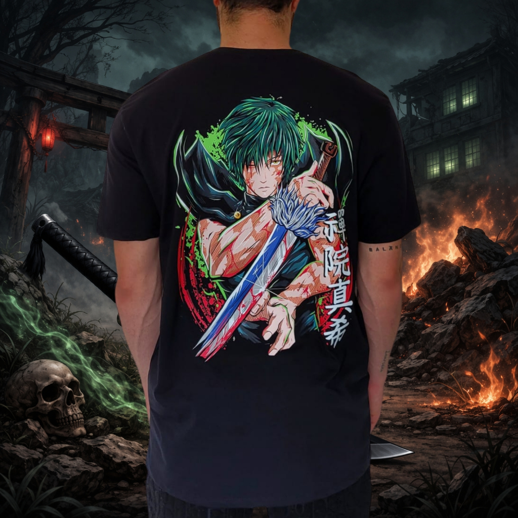 Camiseta Maki Zenin Jujutsu Kaisen Unissex Premium Preta 100% Algodão Frente e Costas