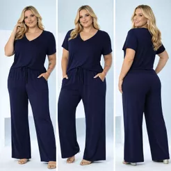 Conjunto Feminino Pantalona Viscolycra Blusa Básica Manga Curta Malha
