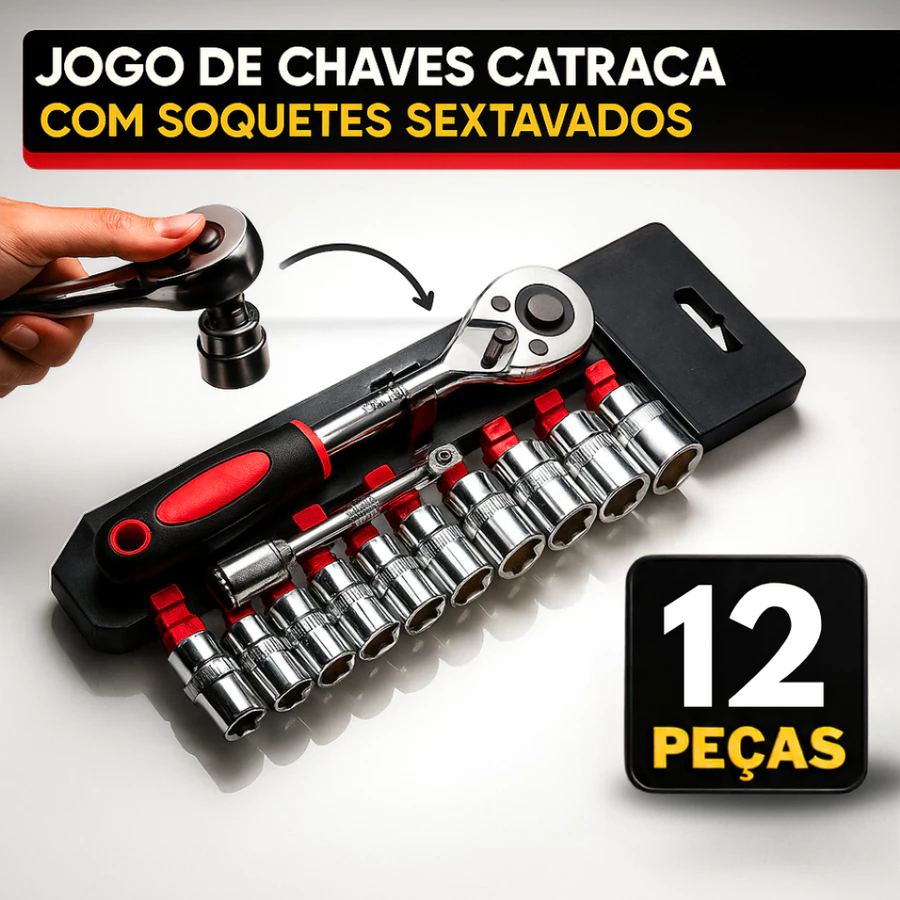Jogo de Soquetes com Chave Catraca Sextavado 1/4 com Extensor 4-13mm