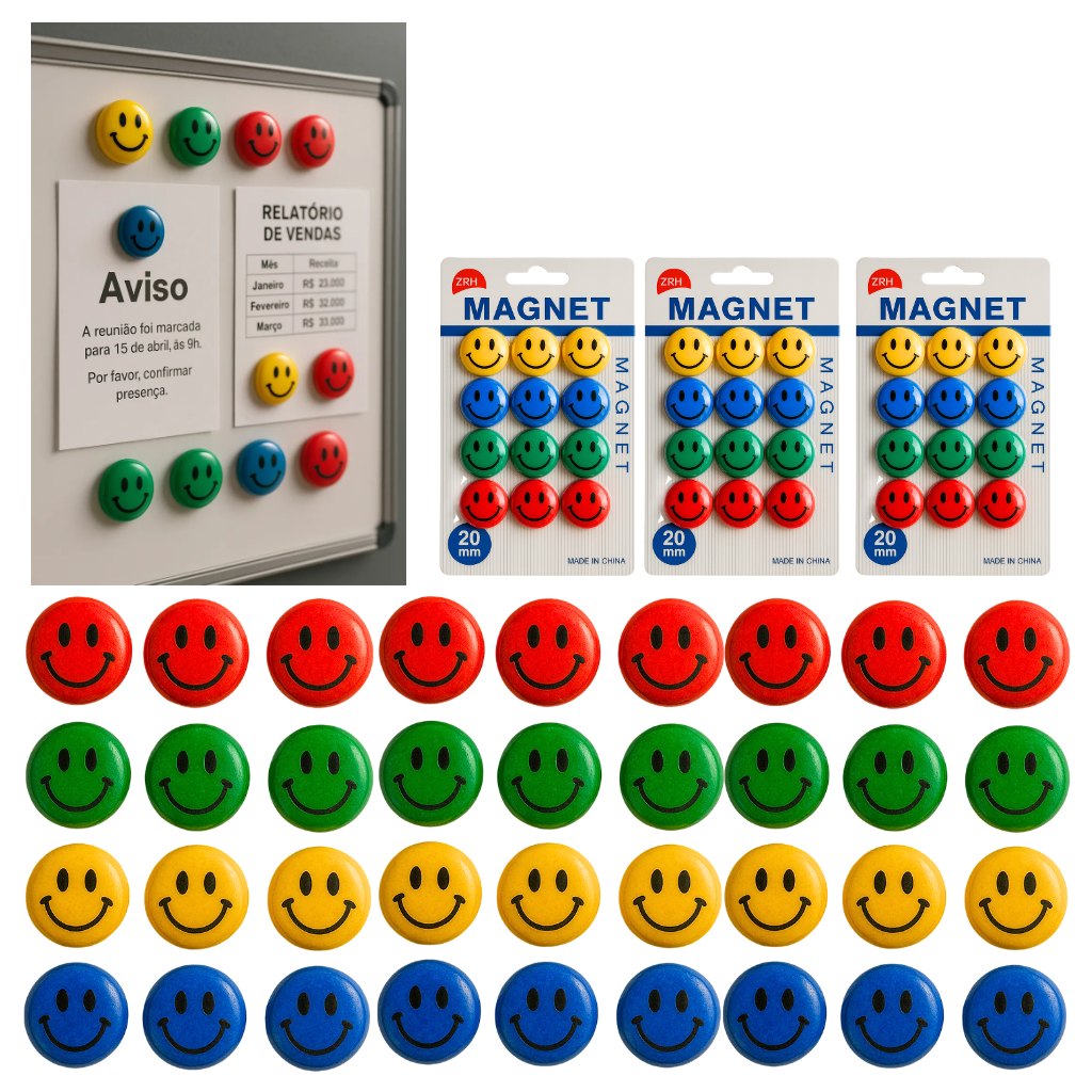 Kit 36 Imãs Emojis 2cm magnético animado geladeira lousa quadro mural alta fixação escolas empresa c