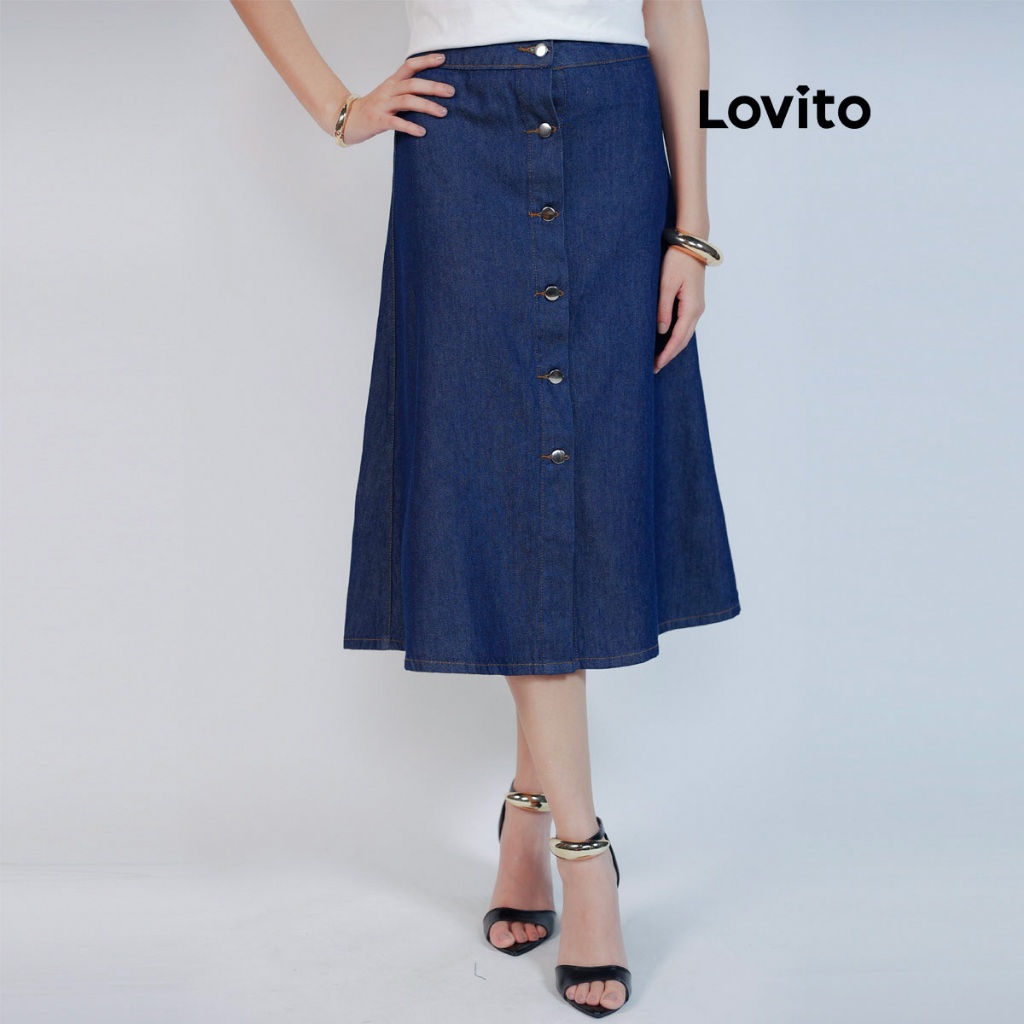 Lovito Saia Jeans Midi com Botões Godê Feminina SKB469BRL498