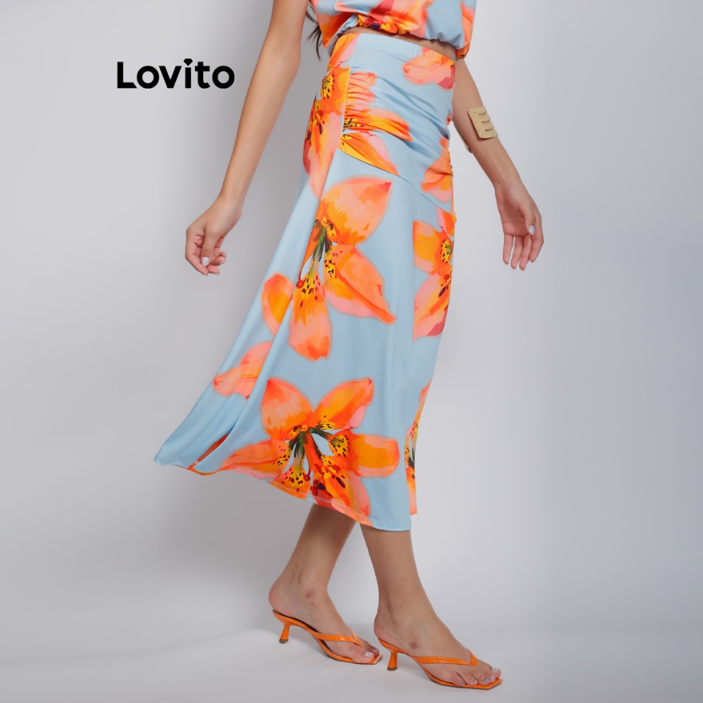 Lovito Bossa l Saia Feminina Midi Com Pala Franzida Estampa Lírios SKB15891619