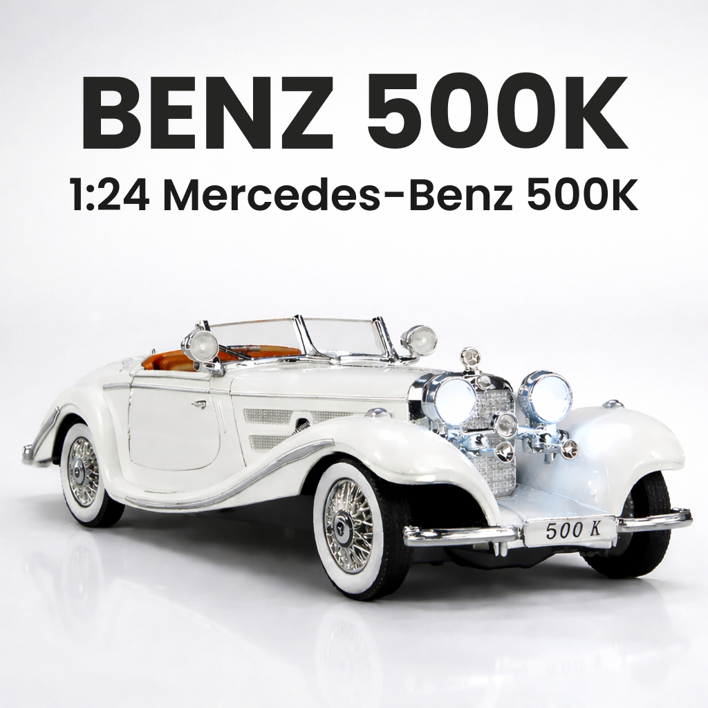 Carro Mercedes Benz 500K Clássico 1:24 – Miniatura Coleção Diecast em Metal Fundido com Fumaça