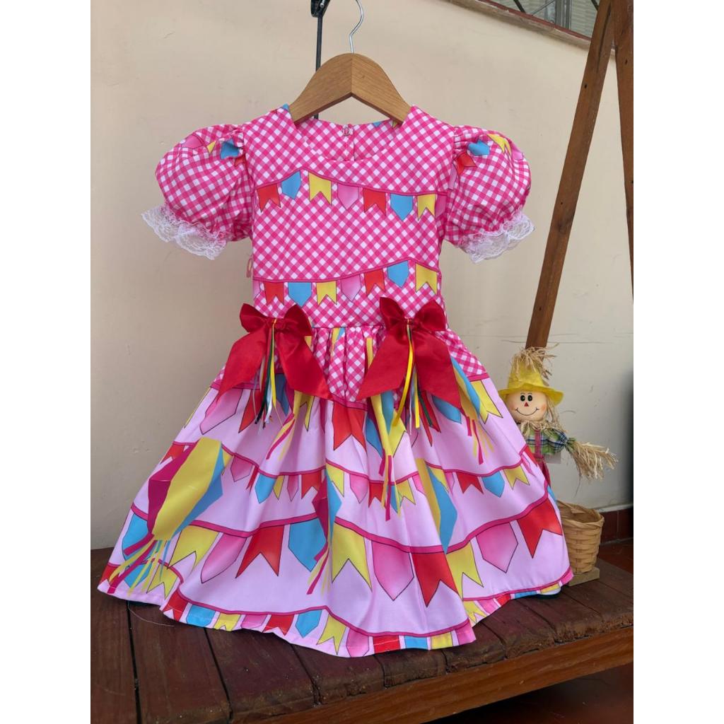vestido infantil xadrez rosa comm bandeirolas