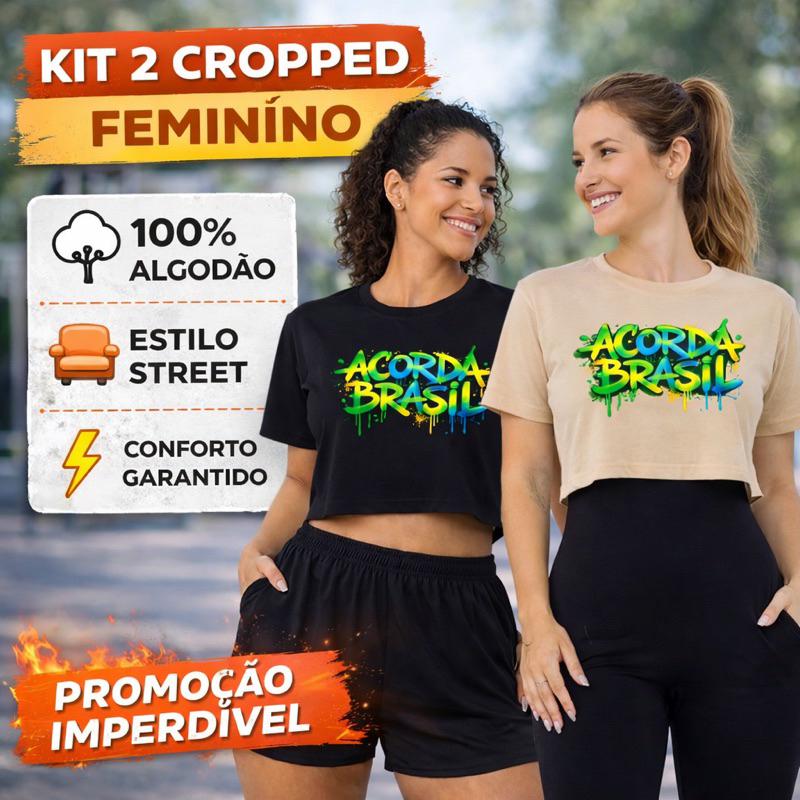 Kit 2 Cropped Feminino Estampado 100% Algodão Academia Casual Moda Confortável Promoção