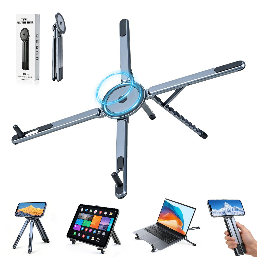 Suporte Magnético 4 em 1 para Notebook Celular e Tablet Dobrável Ajustável Portátil em Alumínio