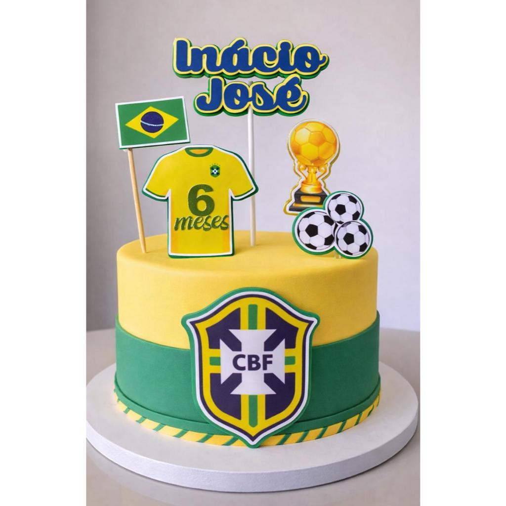 Topo de Bolo Brasil  Personalizado com Nome e Idade  Tema Seleção Brasileira Mes e Aniversário