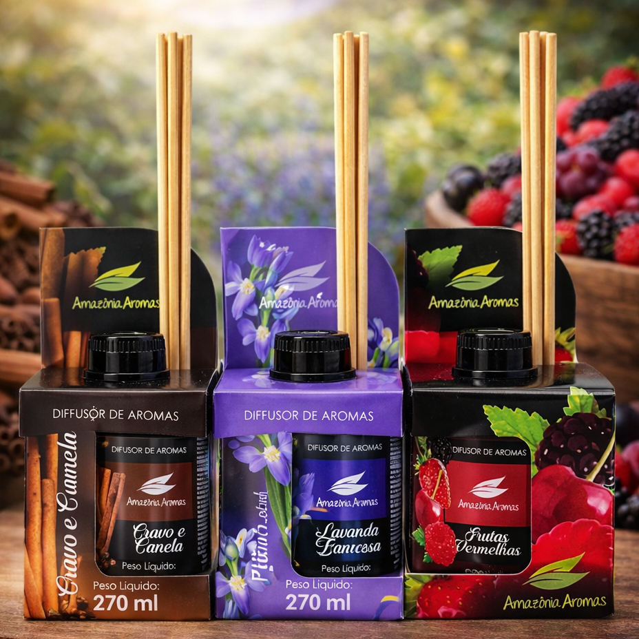 Difusor de Ambiente 270ml Amazônia Aromas | Perfume de Ambiente Cheirinho para Casa Aromatizador de Ambiente Fragrâncias