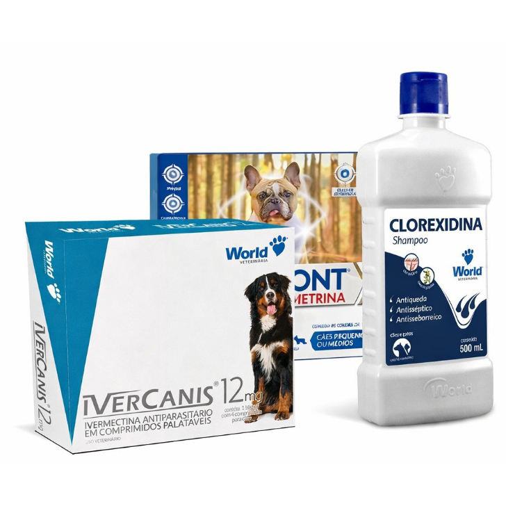 KIT SHAMPOO CLOREXIDINA + IVERCANIS 12MG + CONFRONT 19G COLEIRA - USO VET