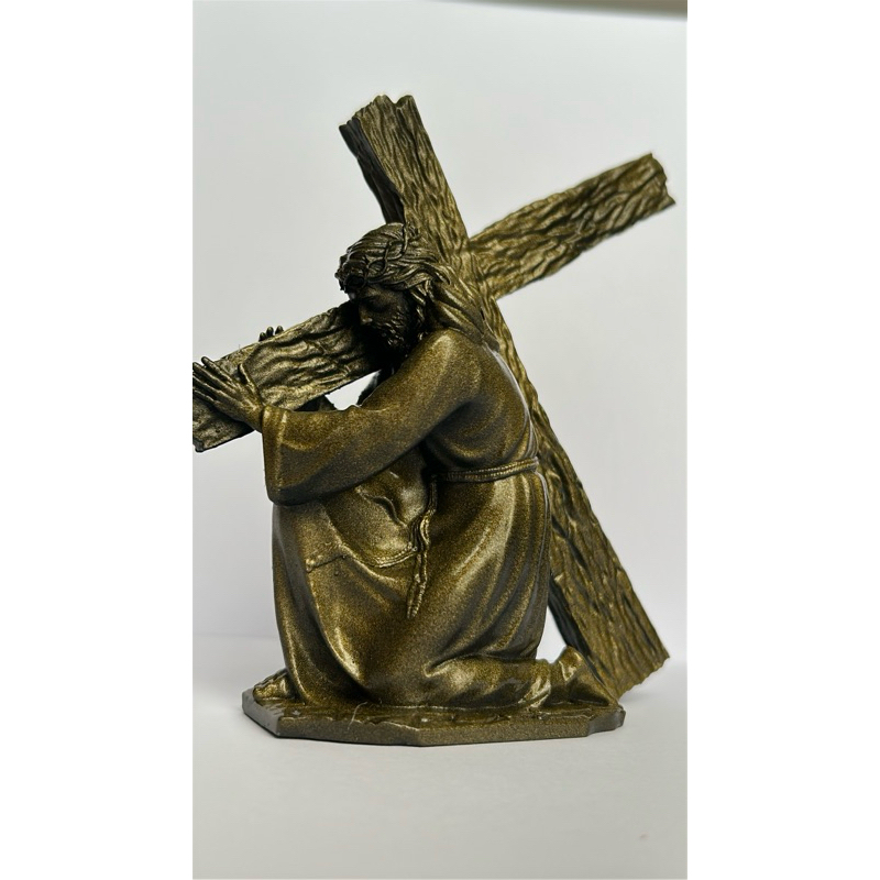 Imagem Jesus Caminho da Cruz em resina 16cm– Via Sacra Estátua Jesus Carregando a Cruz – Cena da Paixão - queda de Jesus