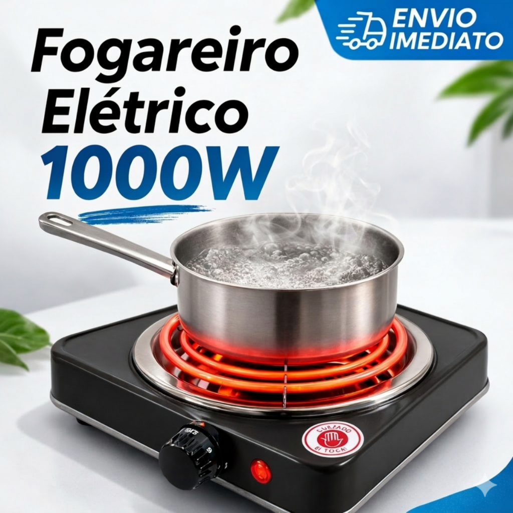 Fogareiro Fogão Elétrico 1 Boca 110V ou 220V Portátil 1000W Camping Acampamento Kaza+ Preto Compacto