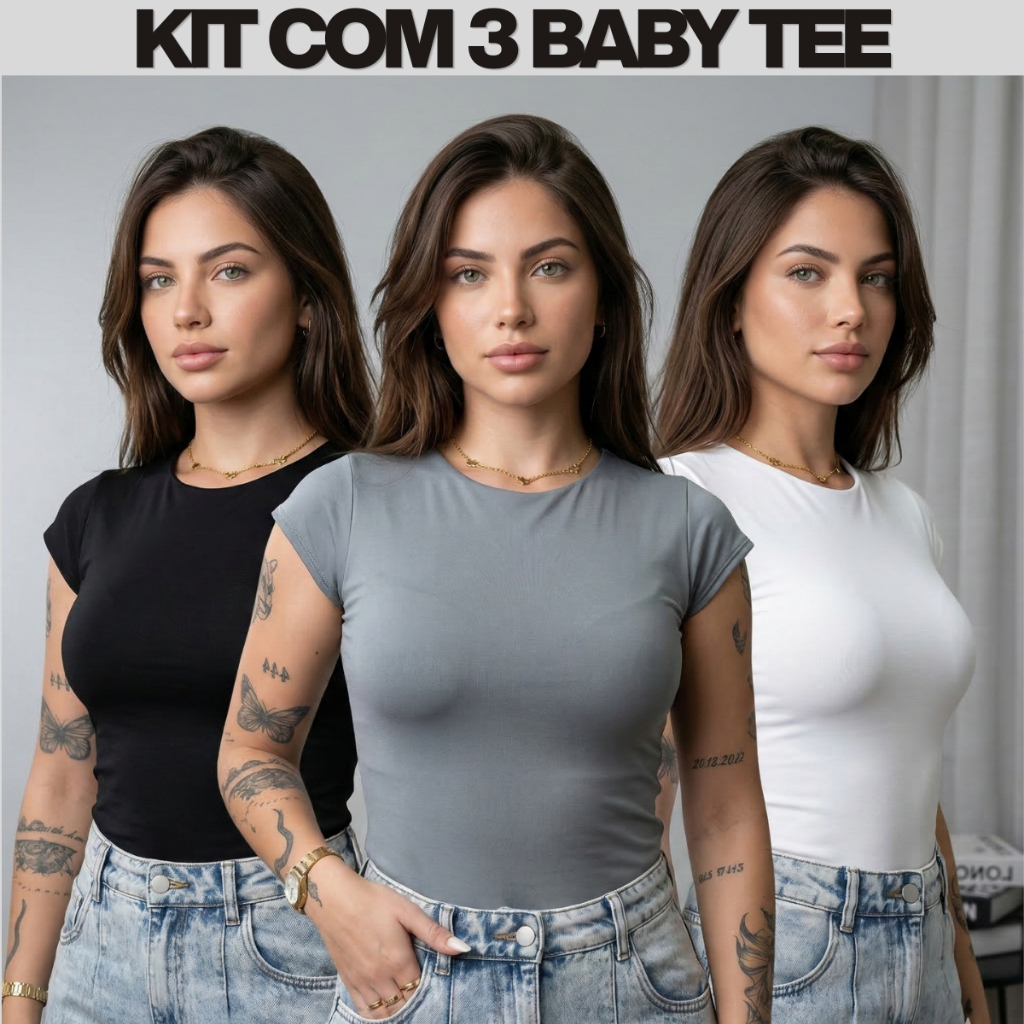 Kit com 3 Blusa Baby Tee Feminina Slim Fit Manga Curta Compressão básica Lisa Moda Casual Fitness Várias Cores em Oferta na Shopee