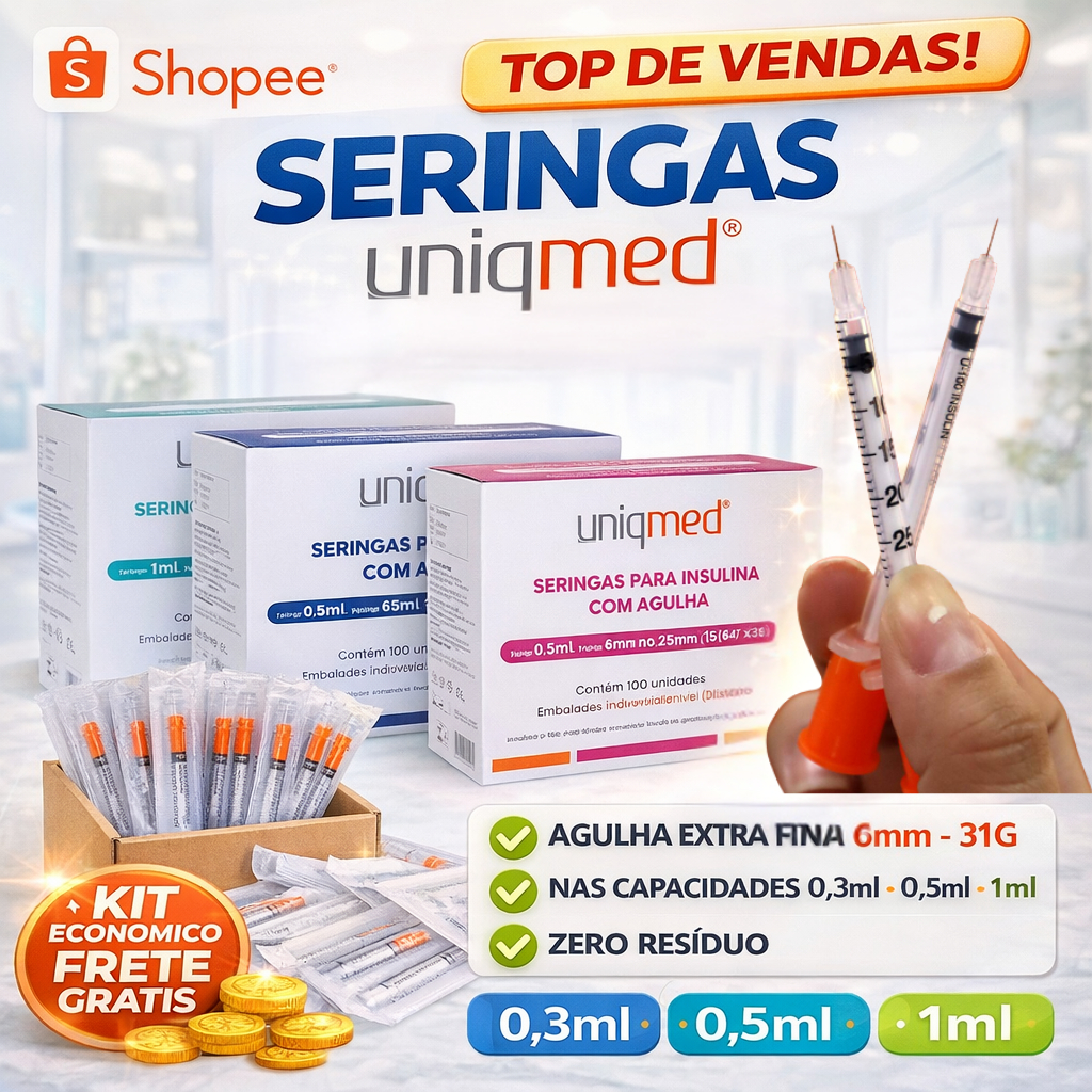 Seringa Insulina 0,3ml , 0,5ml e 1ml - Agulha Extra Fina 6x0,25mm 31G - Emb. Individual - Uniqmed