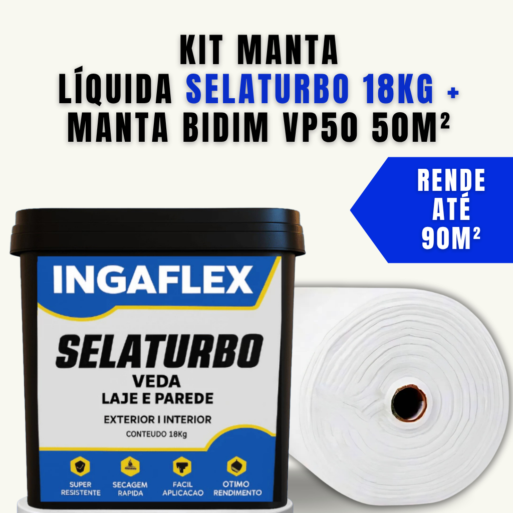 KIT MANTA LÍQUIDA SELATURBO 18KG + MANTA TIPO BIDIM VP50 50m²  - Proteção para Telhados Lajes Calhas