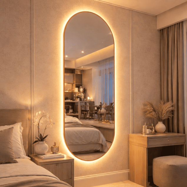 Espelho Oval 40x100cm Lapidado 3 Cores LED Touch Decorativo Premium