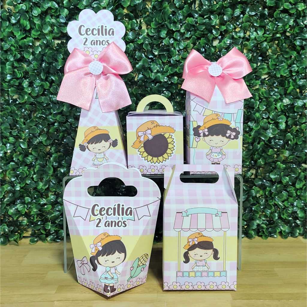 PEGUE E MONTE Kit Personalizados para Festa Arraiá Festa Junina Rosa Menina Caixas para Lembrancinhas de Aniversário