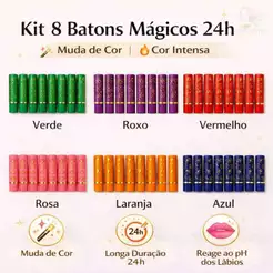 Kit 8 Batons Mágicos 24h– Mudam de Cor com o pH dos Lábios, Longa Duração e Alta Pigmentação