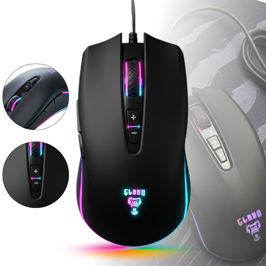 Mouse Gamer Para Jogo Luz Led RGB 7 Botões DPI 800-6400 Com Fio USB - Clanm SKIPPER
