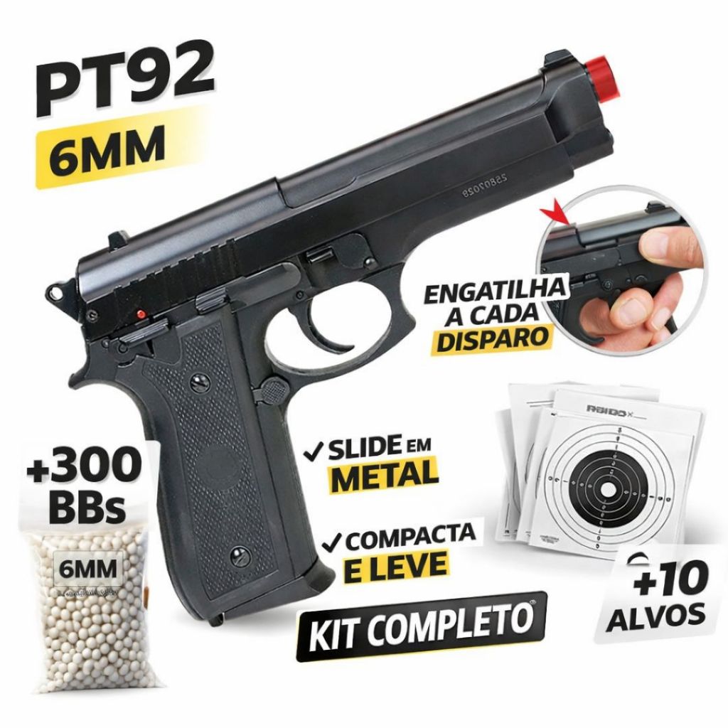 Pistola Airsoft KWC PT92 Mola 6mm Slide Metal + 300 BBs + 10 Alvos | Kit Completo