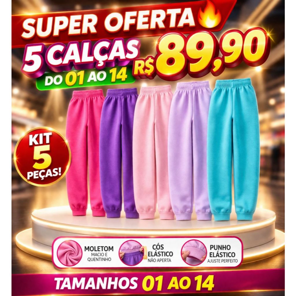 Kit 5 Calça Moletom Infantil Apeluciada Menina, com Punho 1 a 14 anos