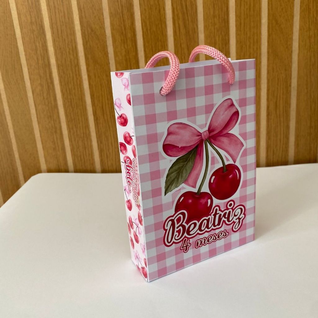 Kit Sacolinha 10|15|20 Personalizada Cerejinha Laço Rosa Festa 10x15cm | Lembrancinha, Embalagem, Kit Presente com Alça