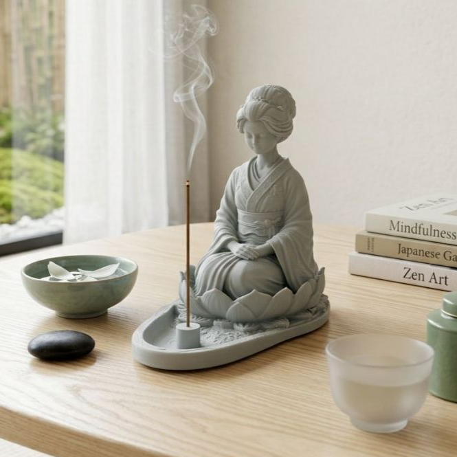 Imagem PORTA INCENSO CASCATA GEISHA NA FLOR DE LÓTUS DECORAÇÃO - 3D