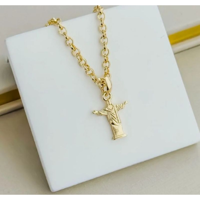 Colar Cristo Redentor 46cm Elo Português Folheado a Ouro | Semi Joia Luxo Religiosa + Garantia 12 Meses