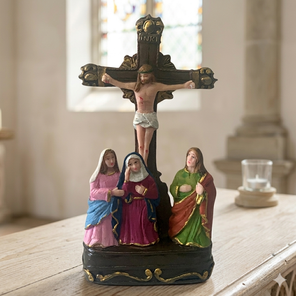 Cruz Calvário Cristo Crucificado com Maria Resina 18cm Imagem Religiosa Altar Decoração Presente Católico