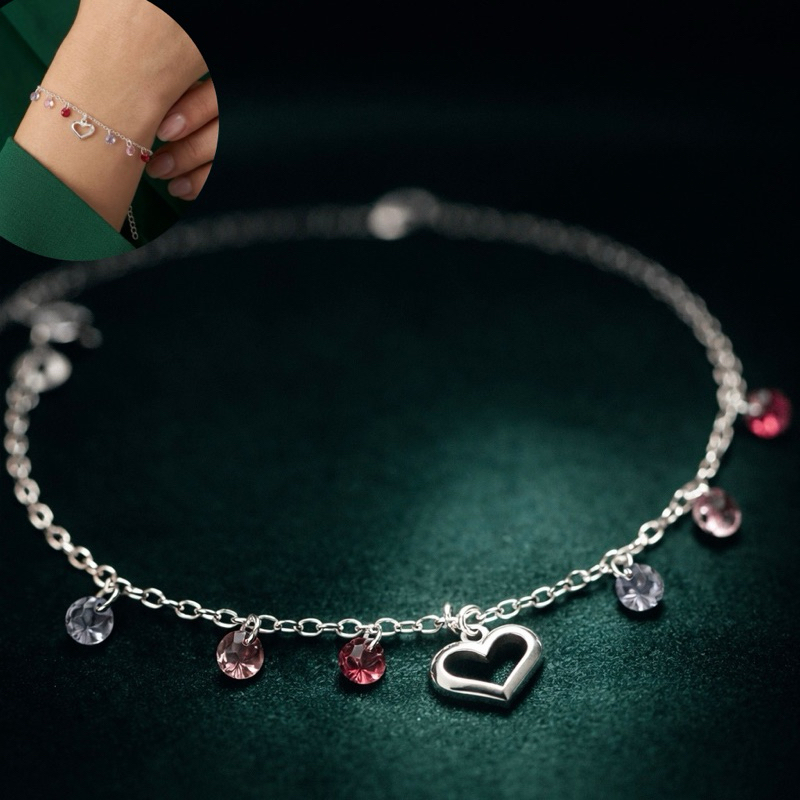Pulseira Coração Vazado Pedrinhas Coloridas em Prata 925 Pulseira Feminina Delicada