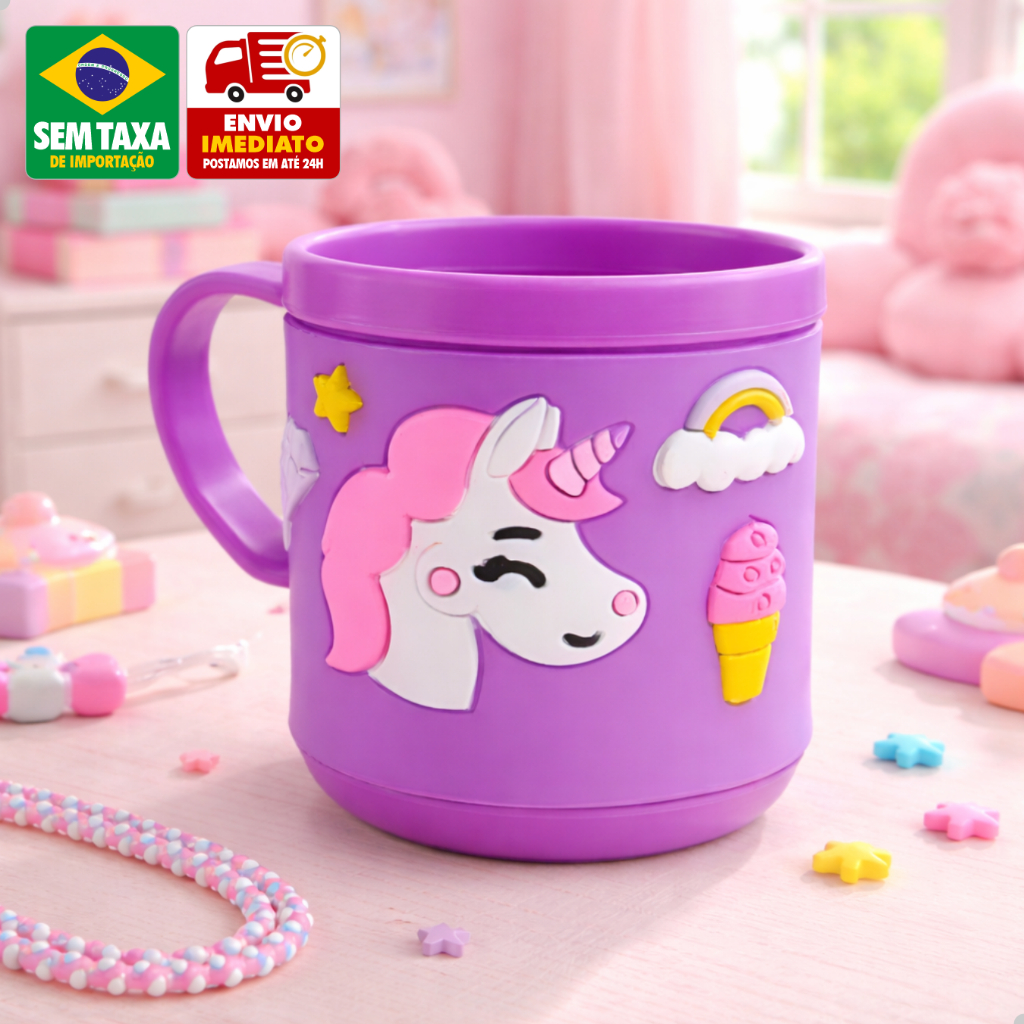Caneca Infantil 3D 220ml Emborrachada Colorida Alto Relevo Criança Leite Suco Escola