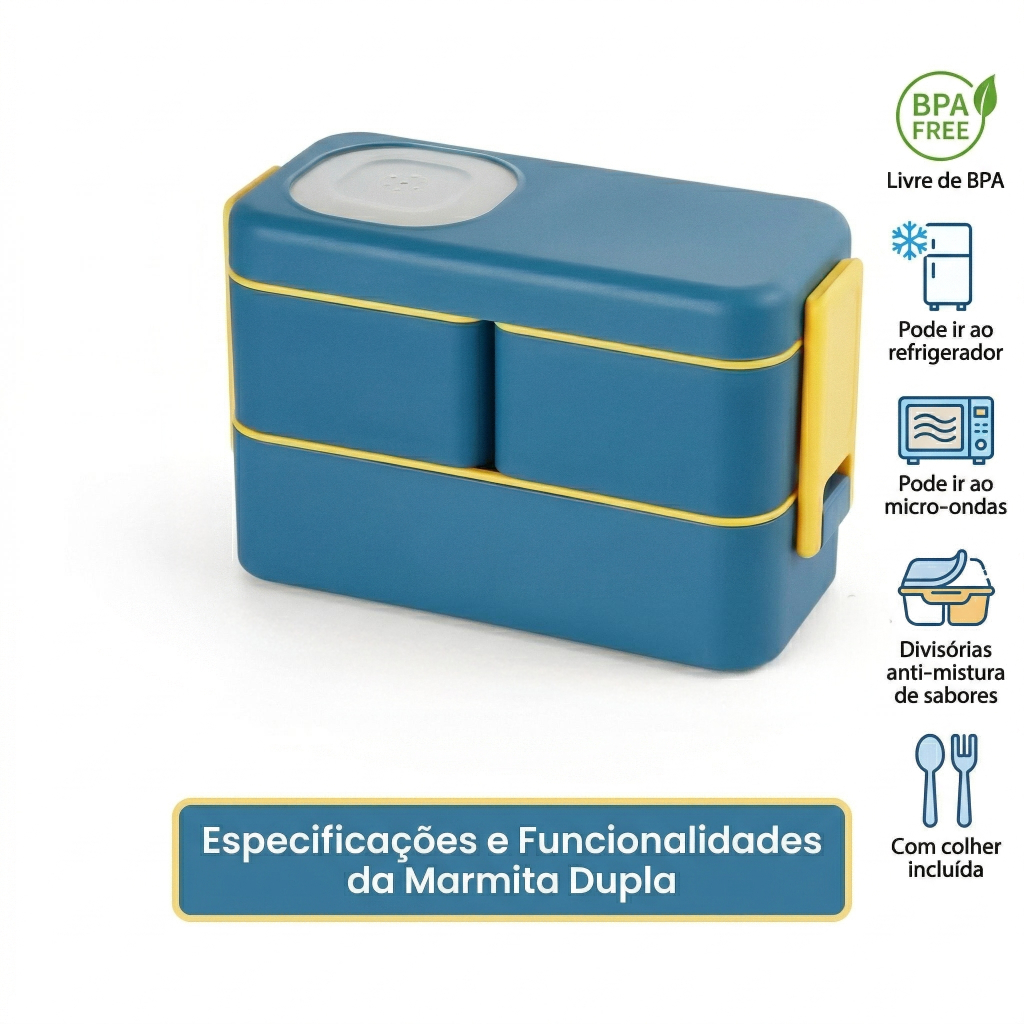 Marmita Dupla 1050ml Com Divisória E Kit Talheres (Sem Tampa No Micro-ondas)