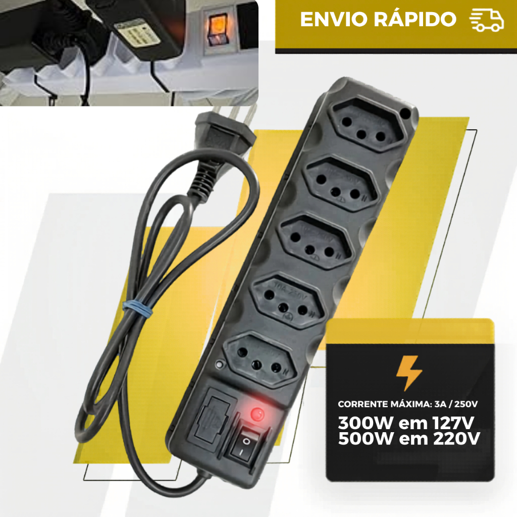 Filtro de Linha Preto 3, 4, 5 e 6 Tomadas Régua Elétrica 0.85  METROS