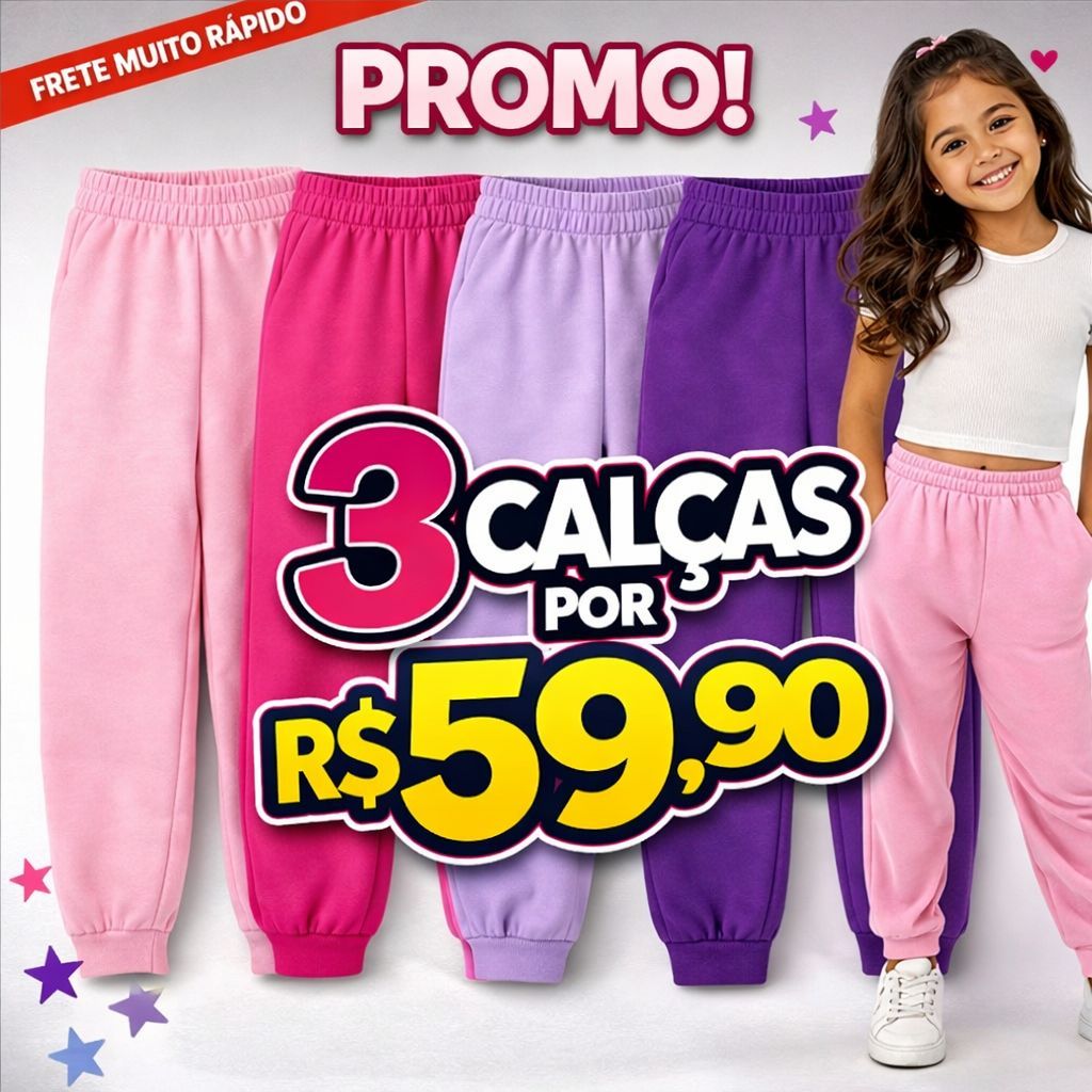 Kit C/3 Calça Moletom Inverno Algodão Infantil Menina do Tamanho 1 ao 16