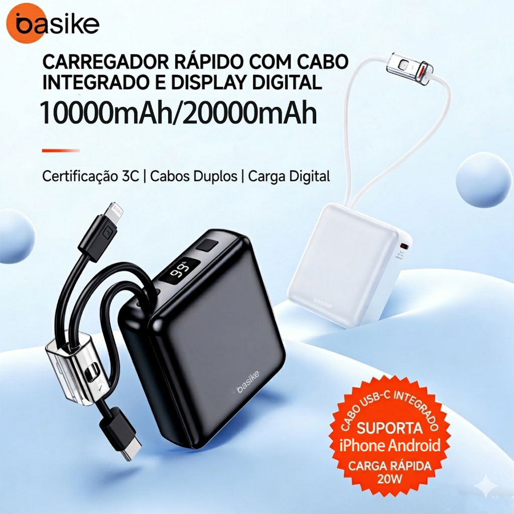 BASIKE Power Bank Portátil 20000mAh/10000mAh Dois Cabos Embutidos, Carregamento Rápido 20W, Compatível iPhone e Android