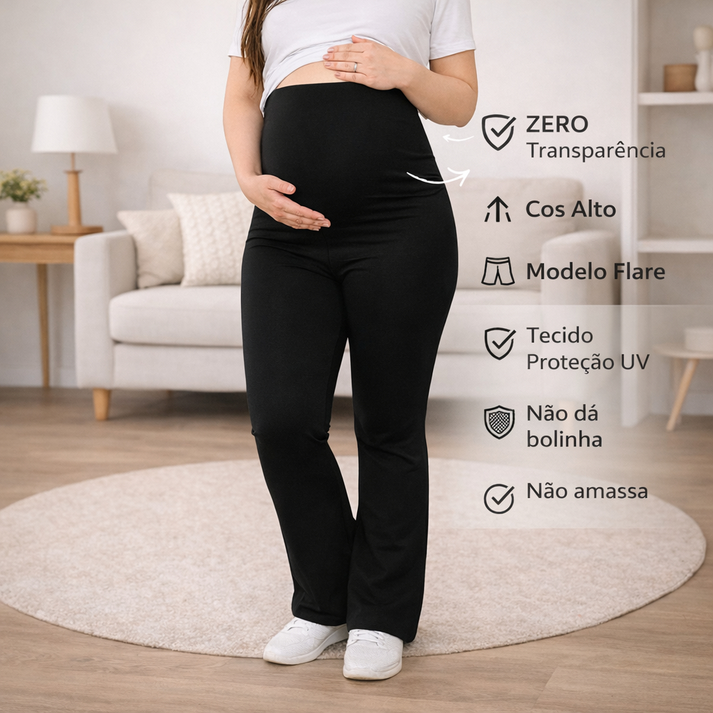 Calça Legging Gestante Flare Cós Alto Conforto Sustentação Zero Transparência  Proteção UV
