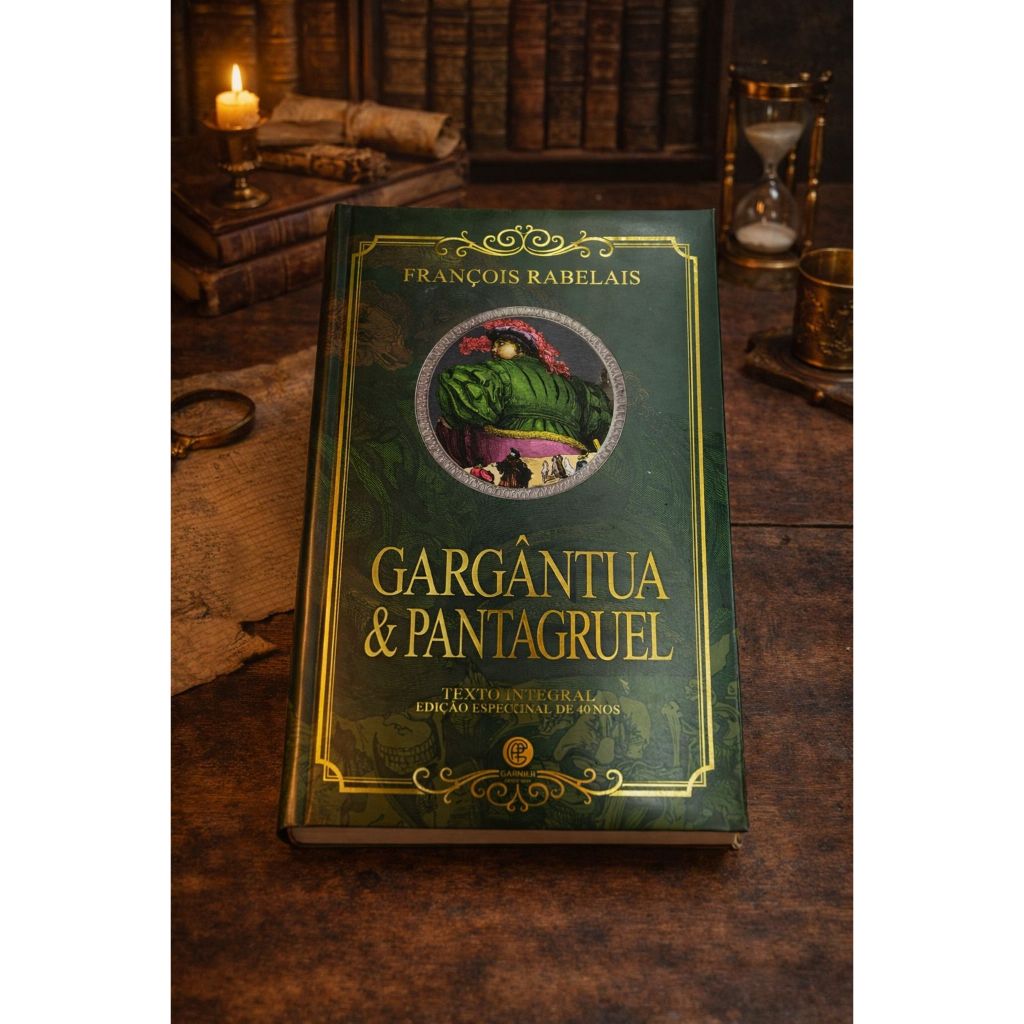Livro Gargântua e seu filho Pantagruel — gigantes não apenas em tamanho, mas em inteligência, apetite e espírito.