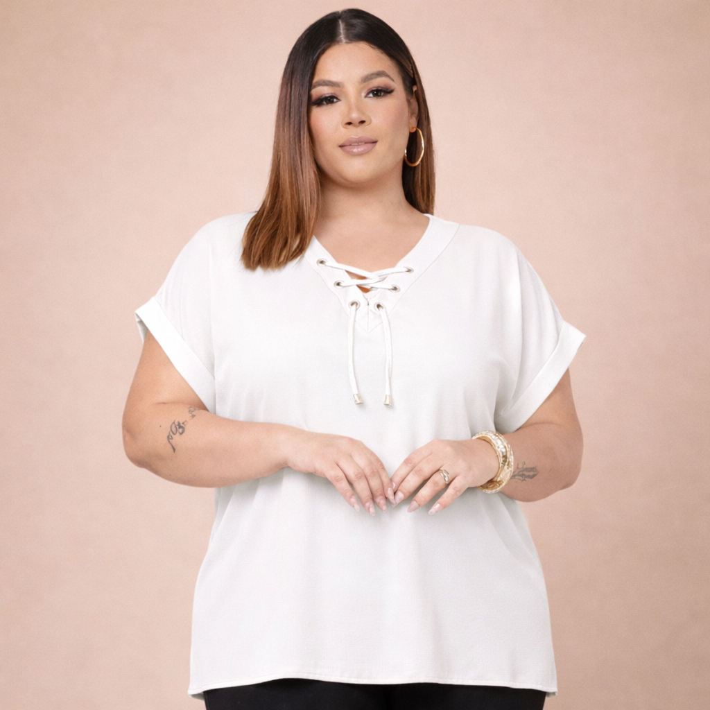 Blusa Preta Feminina Plus Size Manga Curta Decote Ilhós Viscolycra Premium 44/50