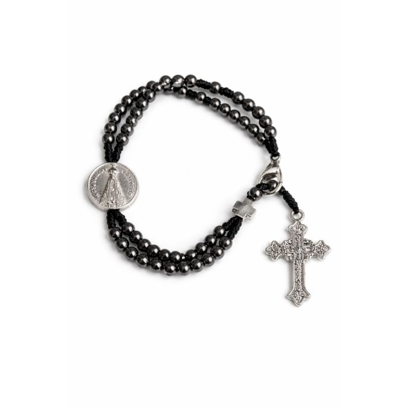 Terço de Pulso Pulseira Pedra Hematita Nossa Senhora Aparecida Cruz