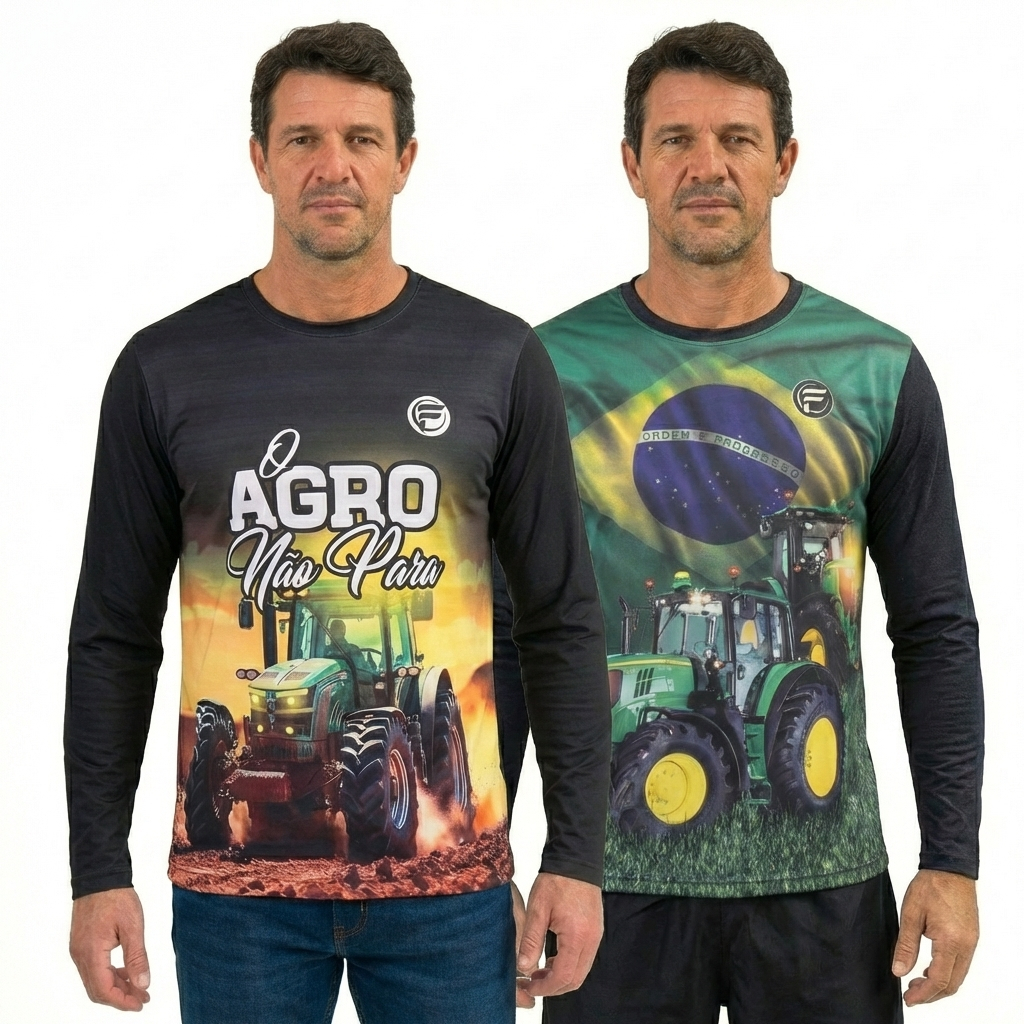 KIT 2 Camisa Camiseta Agro Masculino UV Brasil Agropecuária Bruto Trator Blusa Proteção UV Masculina