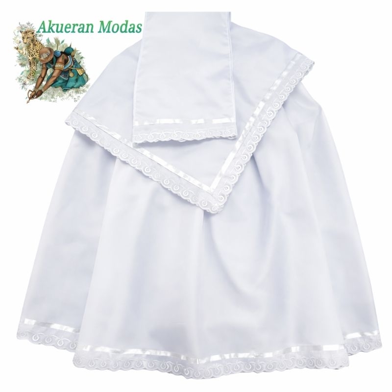 Conjunto 3 Peças Branco Umbanda e Candomblé – Saia, Pano da Costa e Pano de Cabeça com Bordado Inglês e Fita branco
