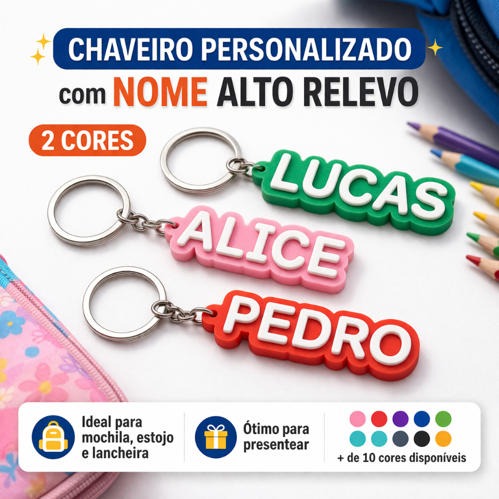 Chaveiro Personalizado com Nome Alto Relevo para Mochila Estojo e Lancheira