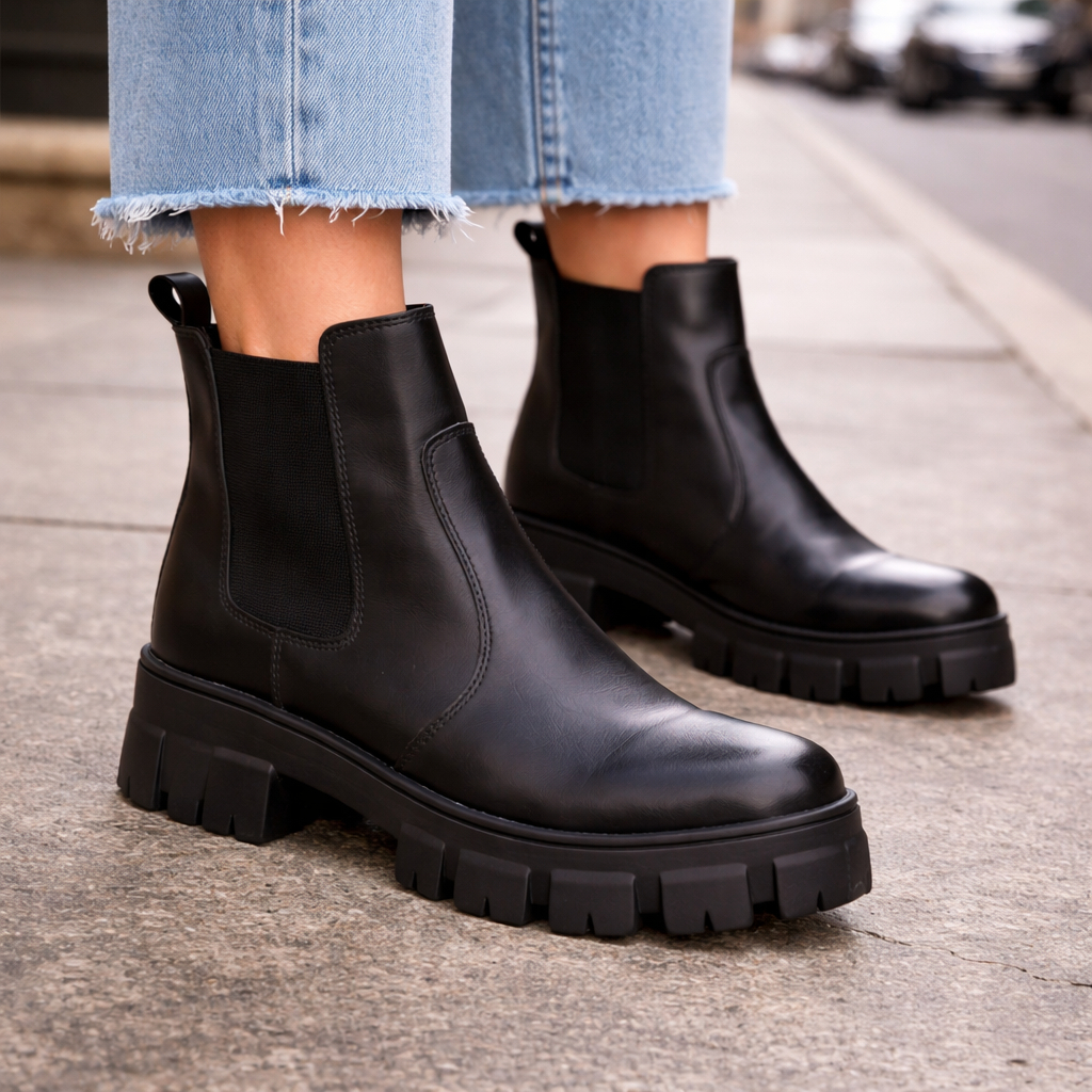 Bota Coturno Feminino Tratorado Cano Curto Preto Plataforma Confortável Casual Moda Blogueira