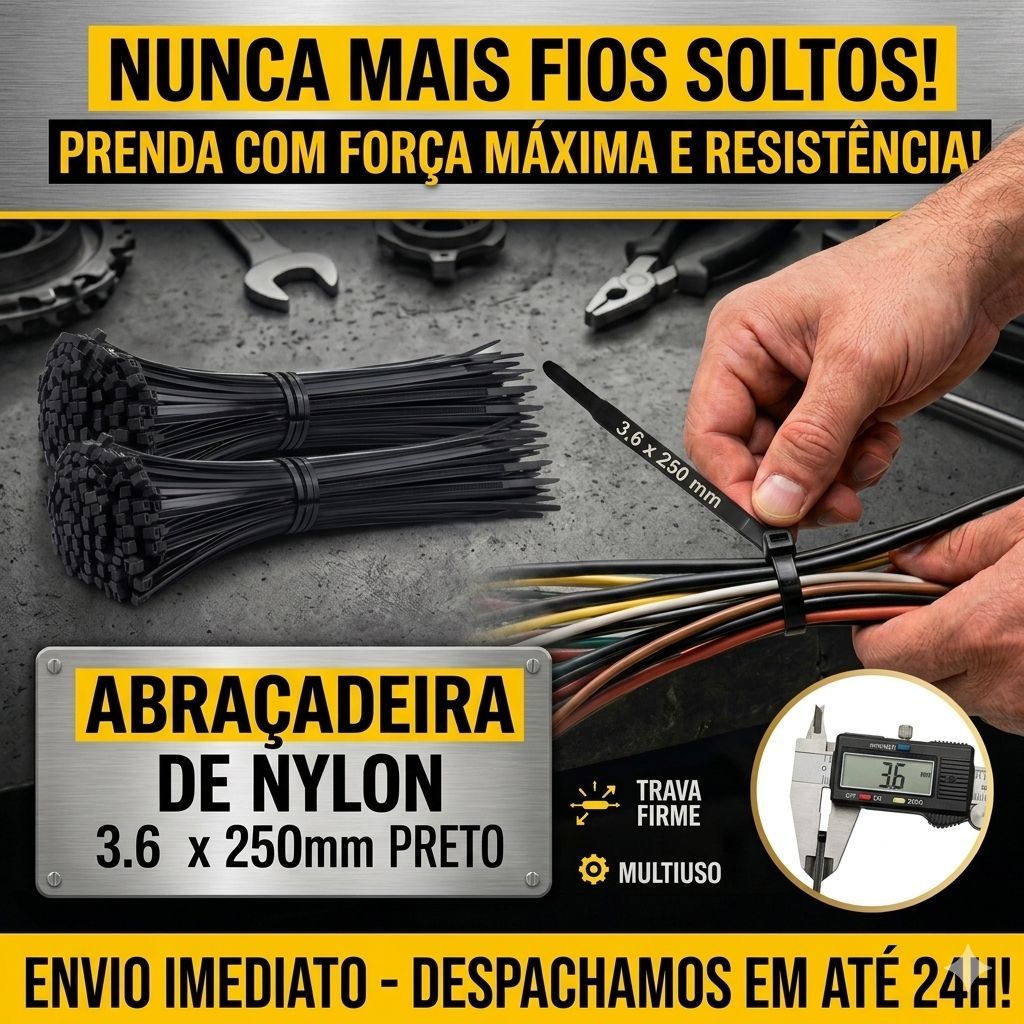 Kit Abraçadeiras Nylon Enforca Gato 3,6 x 250mm Preta Fita Cinta Plástica Lacre Organizado Hellerman