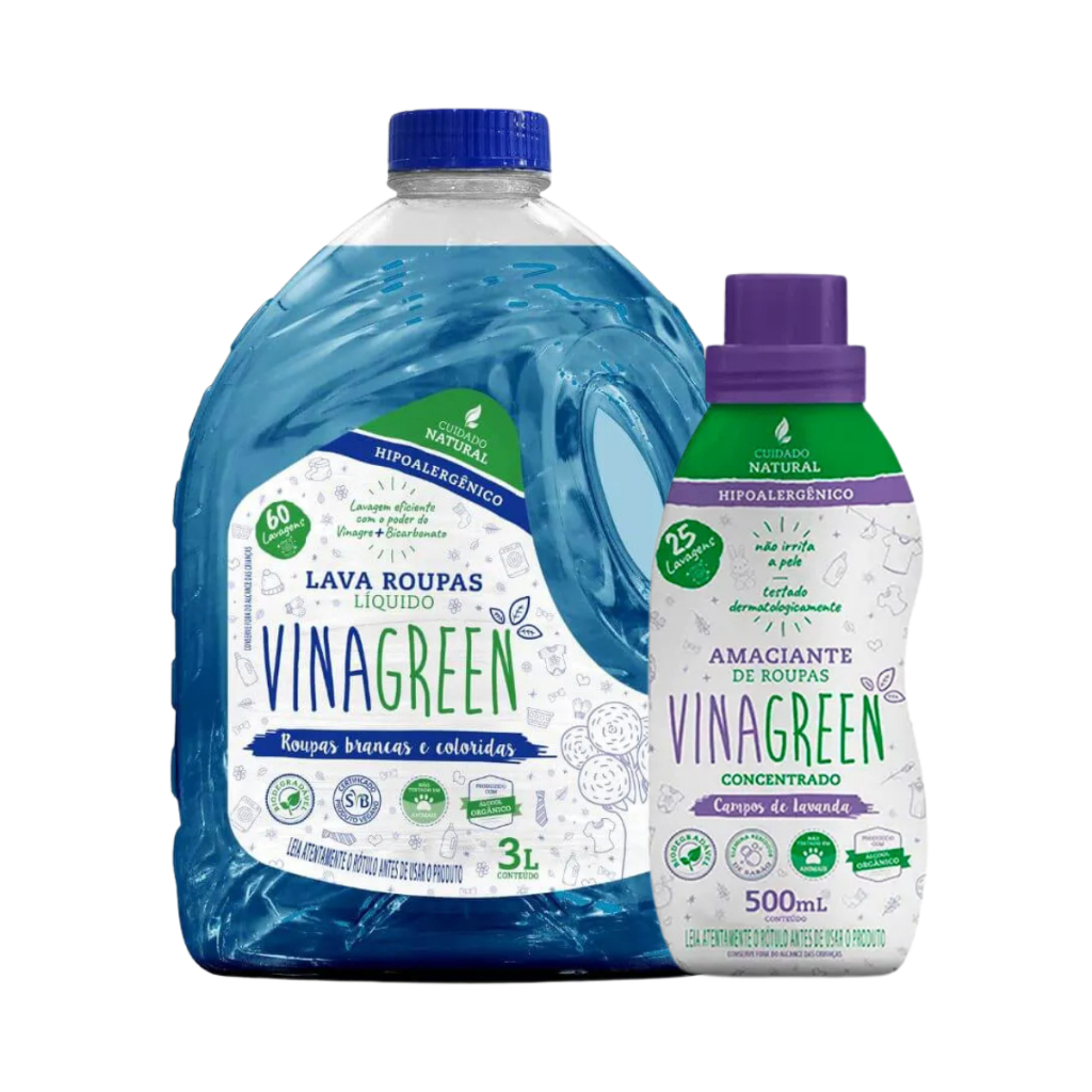 Lava Roupas Líquido 3L Hipoalergênico + Amaciante Campos de Lavanda 500ml Vinagreen