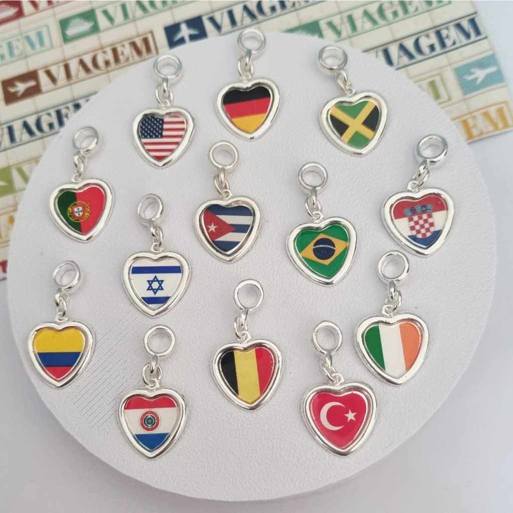 Berloque Bandeira Viagem Brasil Argentina Chile Portugal Espanha Uruguai México Itália França Peru Israel EUA Alemanha