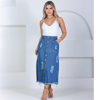 Saia Midi Jeans Feminina Moda Evangélica Marmorizada em Oferta na Shopee