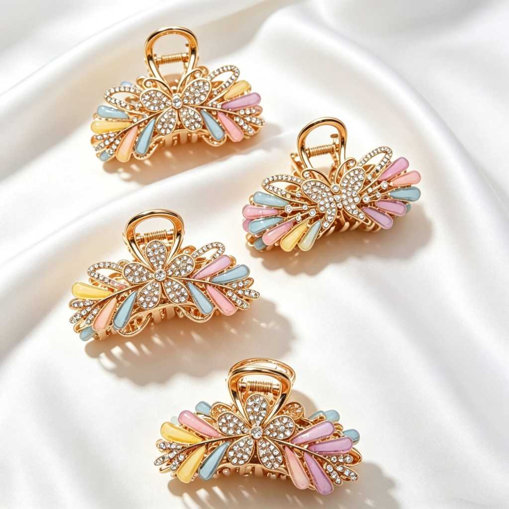 Kit 12 Presilha de Cabelo Flor/Borboleta Strass Colorida - Claw Clip Dourado para Coque, Acessório Feminino Elegante