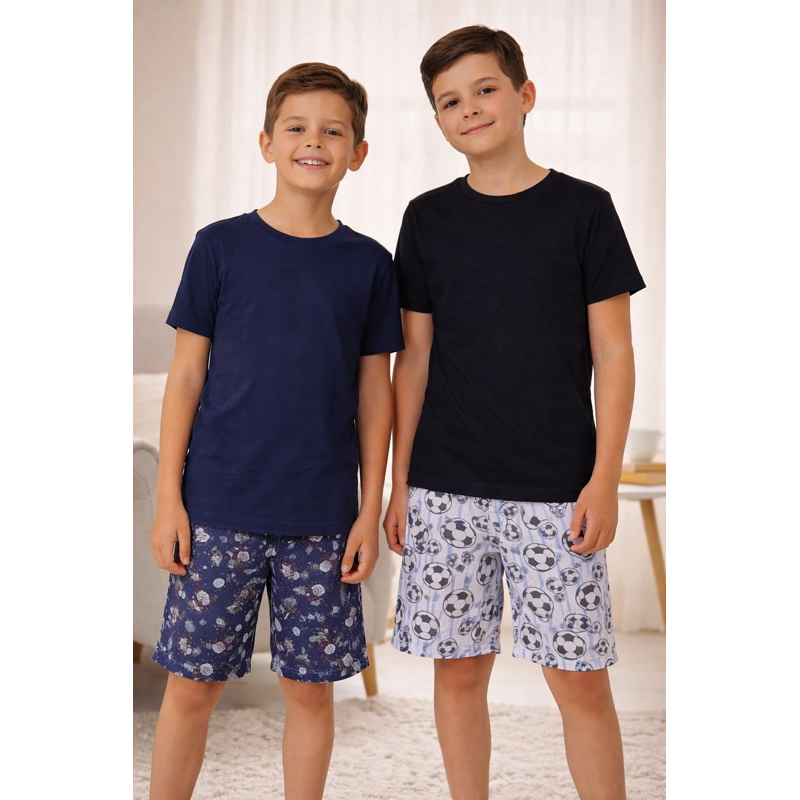 Conjunto Pijama Masculino Infantil Camiseta e Bermuda Estampa Futebol Malha Sense